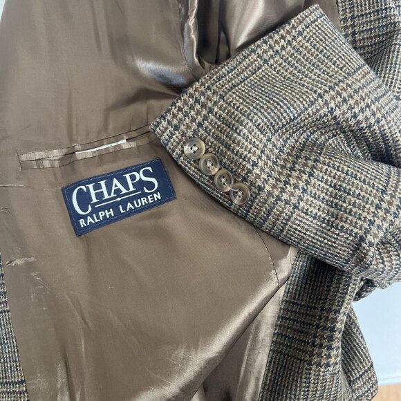 Chaps Ralph Lauren Wool Plaid Blazer Mens 46 R Vintage 80's Jacket Tan Blue Coat - Picture 6 of 10